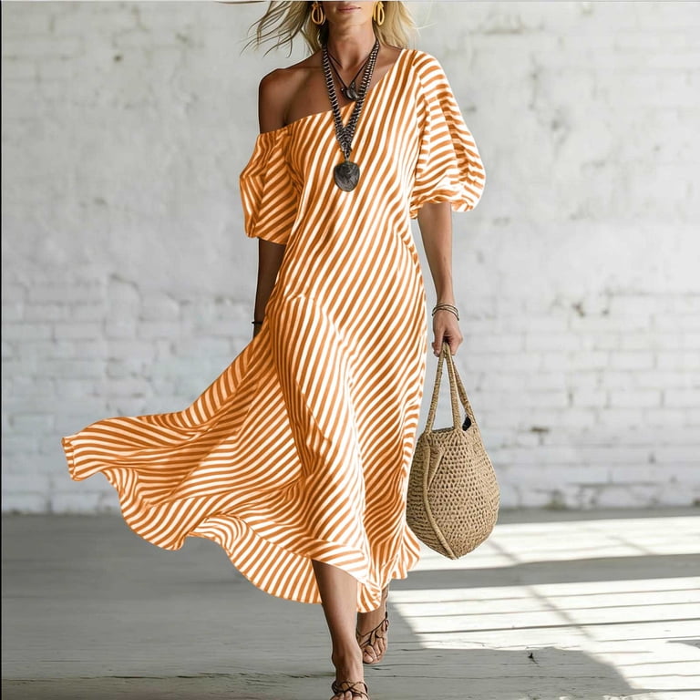 Levmjia Women's Striped Maxi Dress Off Shoulder Asymmetric Summer Dress Puff Sleeves Flowy Boho Beach Dress Loose Fit Long Sundress for Vacation
