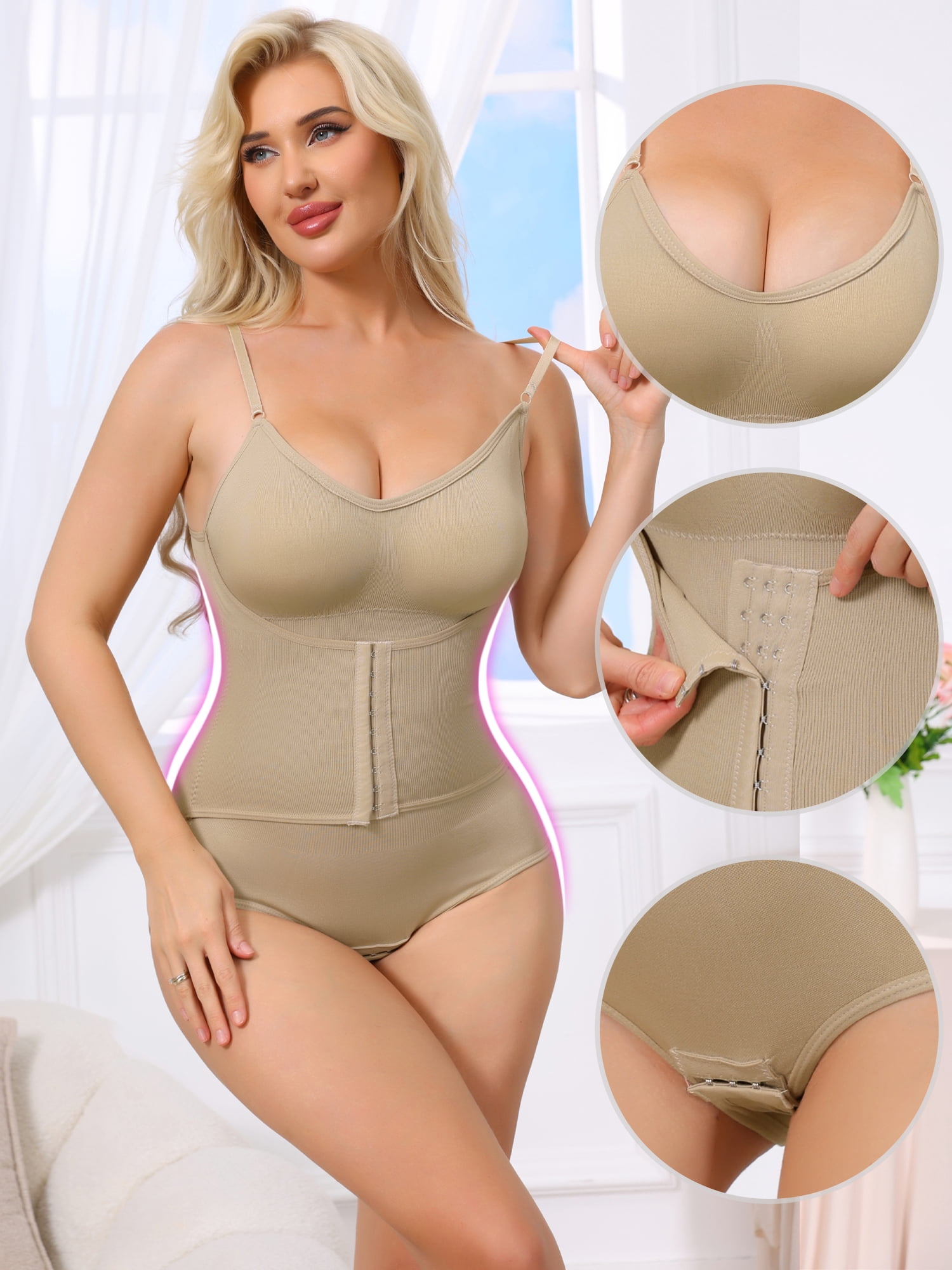 DARING DIVA Women's V Neck Push Up Butt Lifting Front Hook Bodysuit XX-Large Beige