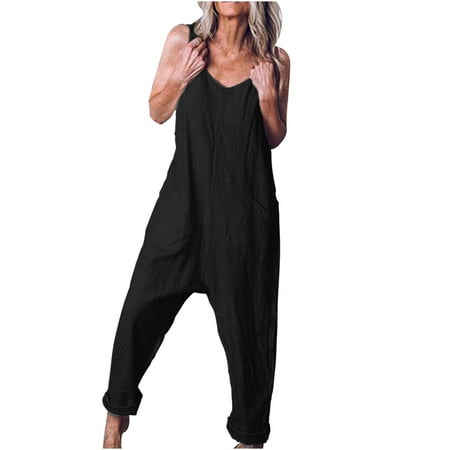

Womens Jumpsuit Clearance Bib Pants Coverall With Pockets Cotton Linen Bodysuit One-Piece Leotard Boho Pants for Women Short Sleeve Bodysuit Black Xxl