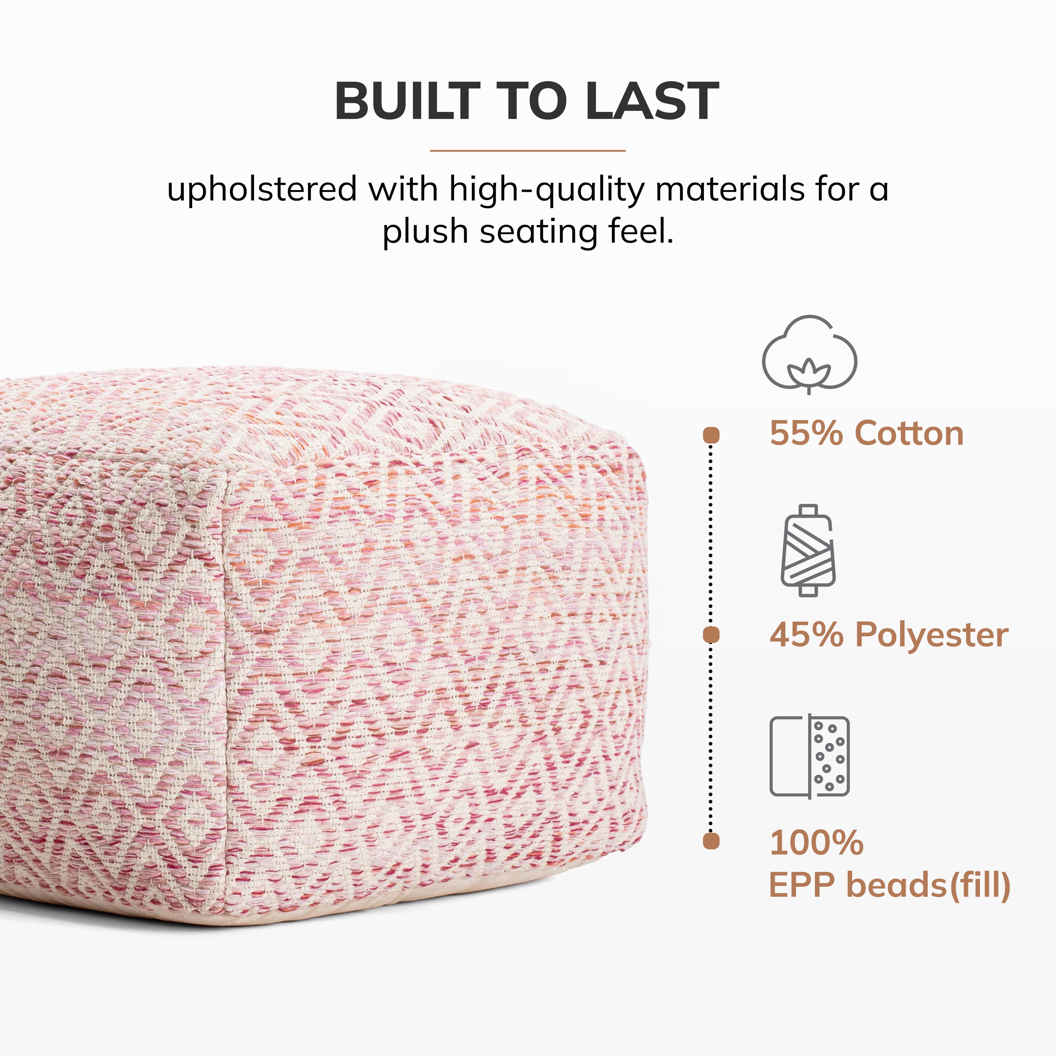 Chero Distressed Diamond 22" Square Pouf Ottoman Ivory and Pink