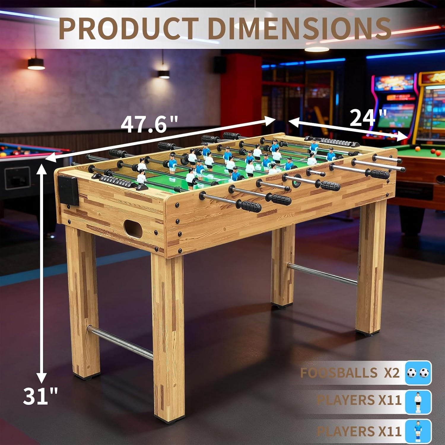 Kosevpou Foosball Table, 55/52/48 Large Size Soccer Game Tables for Adults & Kids, Table Games Includes 2 Foldable Cup Holders & 2/4 Balls with Sturdy Leg Levelers
