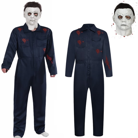 Forfamy Myers Costumes Adult Halloween Costume Jumpsuit with Mask Scary Horror Halloween Overalls Cosplay Party