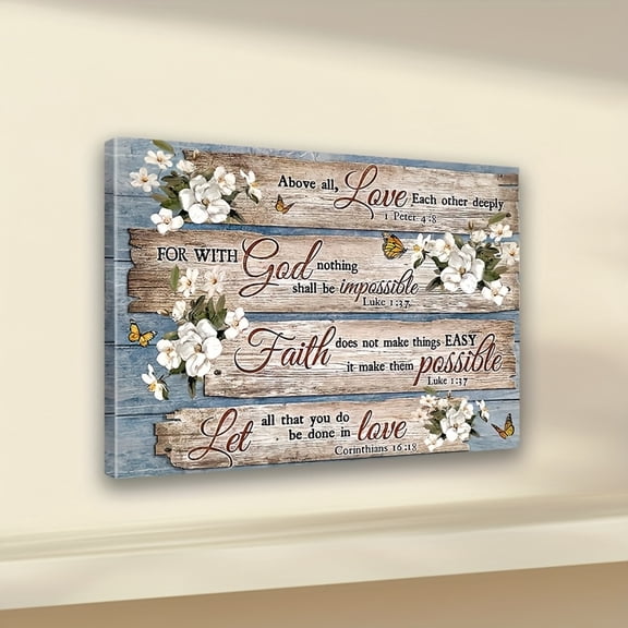[Rustic Wood Framed Print] 1pc Rustic Wood Framed Canvas Print | Verse Wall Art with Floral & Butterfly Design, Inspirational Scripture Home Decor for Living Room, Bedroom, Office, Ready-to-Hang Gift