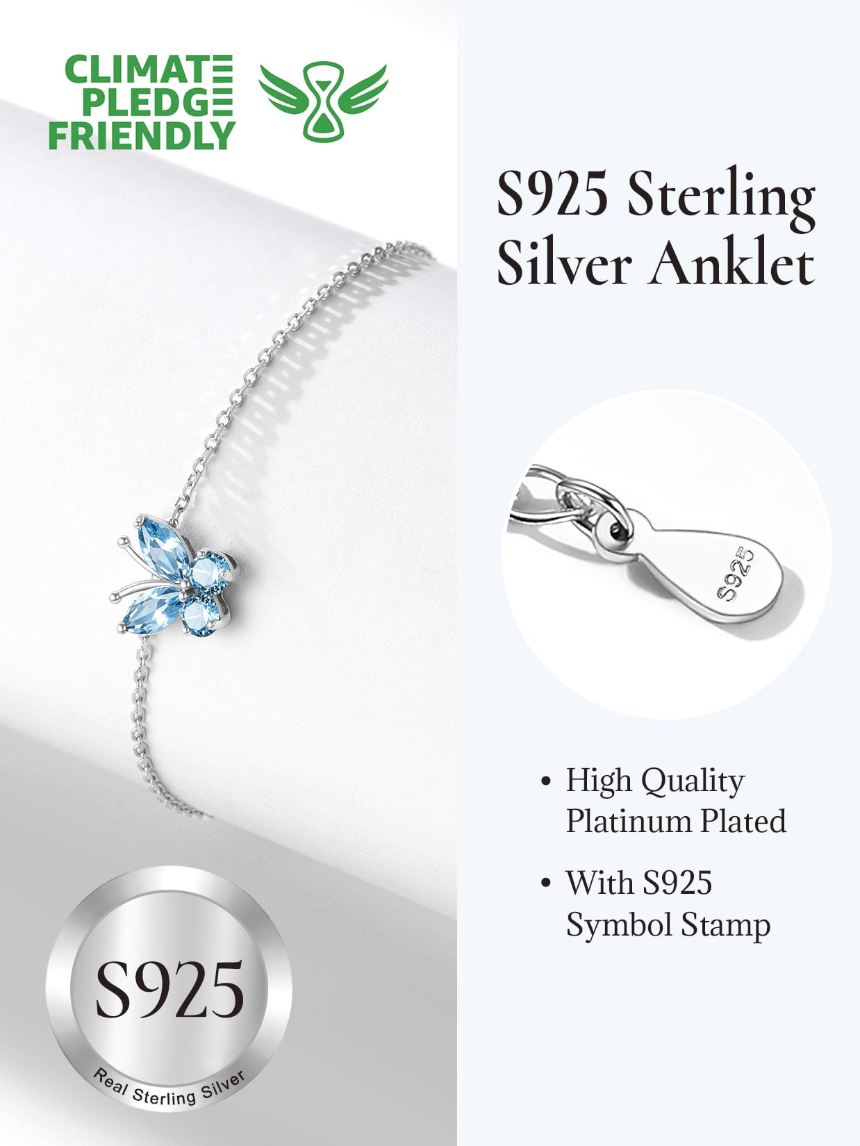 U7 Sterling Silver Anklet for Women Butterfly March Birthstone Foot Bracelet Summer Beach Holiday Jewelry Gift for Her Daughter Birthday