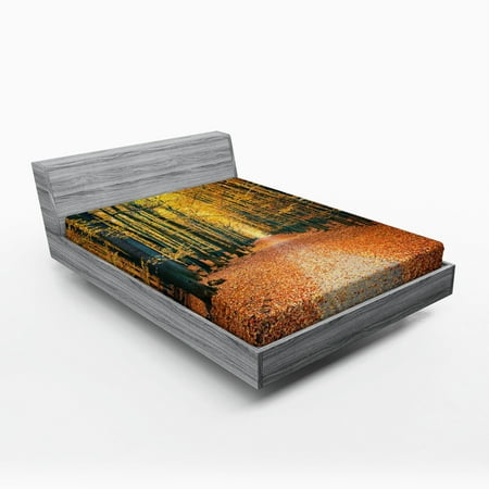 Forest Fitted Sheet Romantic Autumn Alley in the Woods Foliage Scenics Park Forest Image, Soft Decorative Fabric Bedding, Slate Blue Orange Yellow, by Ambesonne