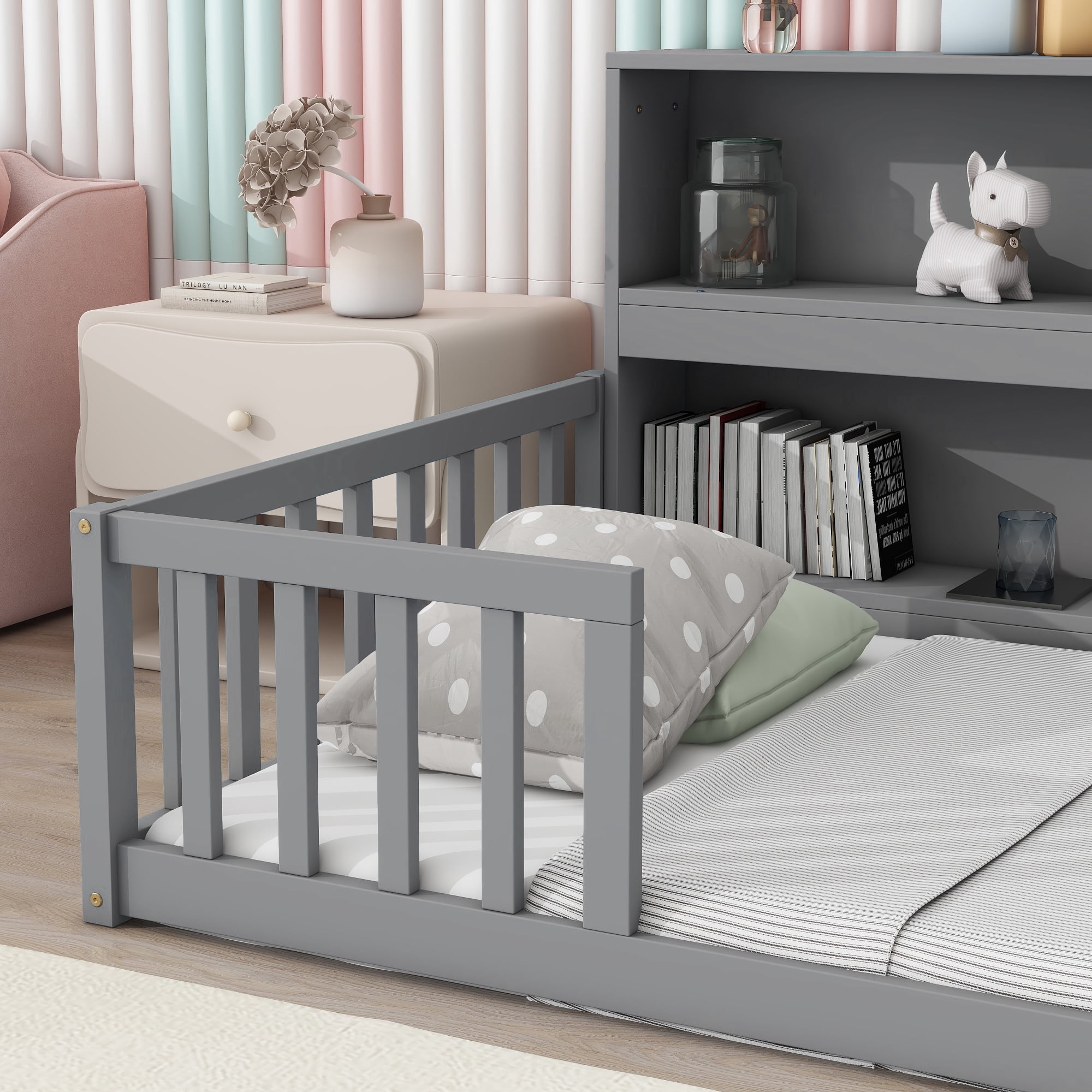 Yoneston Kids Twin Size Floor Bed Frame with Bedside Bookcase Storage Shelves and Guardrails for Toddlers Boys Girls Bedroom Furniture, Gray