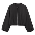 thumbnail image 3 of Women Cropped Jacket Casual Zip Up Varsity Jackets Trendy Outwear Coats with Welt Pockets Black XS, 3 of 7