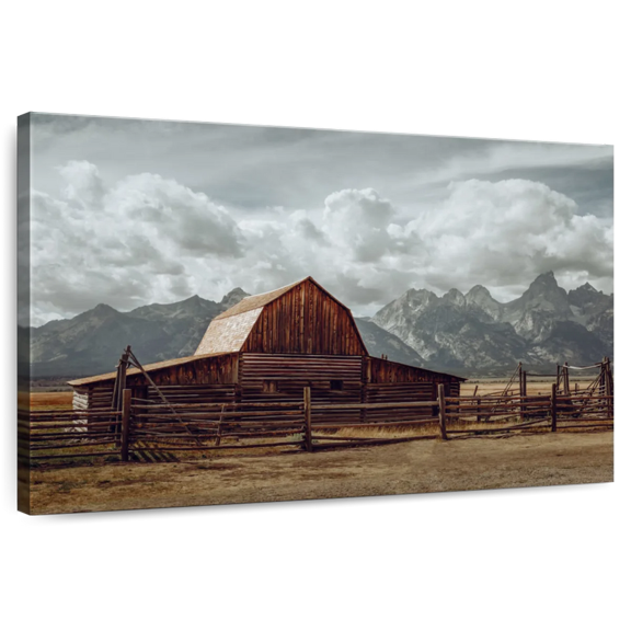 Elephant Stock Grand Teton Barn Wall Art - Horizontal Canvas Wall Art - Living Room Wall Decor - Architecture Canvas - Brown And Blue Decor - 12" x 8"