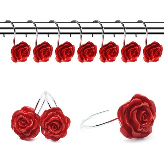 QIANJIA 12 PCS Home Fashion Decorative Anti Rust Shower Curtain Hooks Rose Design Shower Curtain Rings Hooks (RED)