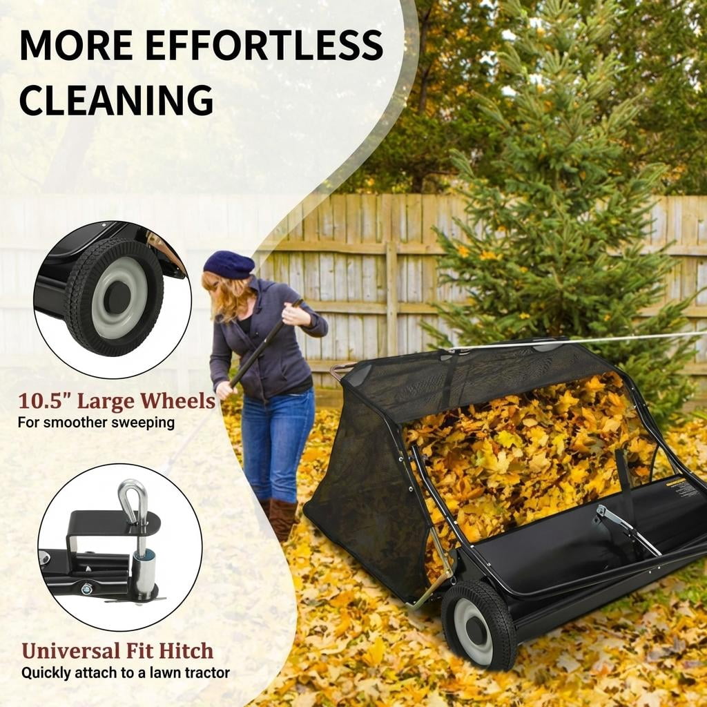 48-Inch ATV Lawn Sweeper, 20 Cubic Feet Easy-Empty Hopper with 4 Nylon Brushes (10-Inch Diameter), Universal Hitch & Non-Slip Wheels, Black