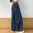 thumbnail image 6 of larppty Girl's Pearl Beaded Elastic Waist Wide Leg Jeans Loose Denim Pants, 6 of 7