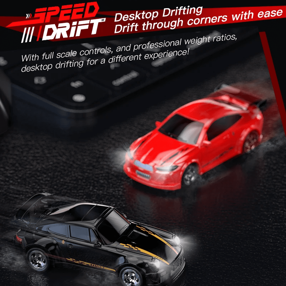 1/64 Scale Mini RC Drift Car, 2.4G 4WD Full Proportional Remote Control Sport Racing Car, Rechargeable Micro Desktop Drift Vehicle Built-in Battery & Gun Controller