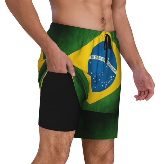 Mens Swim Trunks Brazilian Flag Quick Dry Board Shorts with Compression Liner