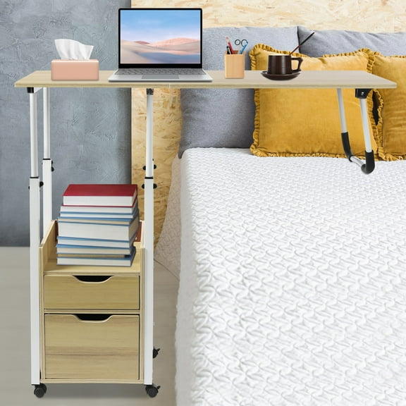 Adjustable Over-Bed Table with Wheels - Height-Adjustable Laptop & Nightstand Table Foldable Top Panel, Convenient Storage, and Sturdy Design for Home & Office Use