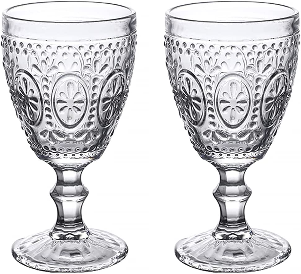 DanceeMangoo 2pcs Clear Embossed Heavy Glass Wine Glass, 10 Oz Juice