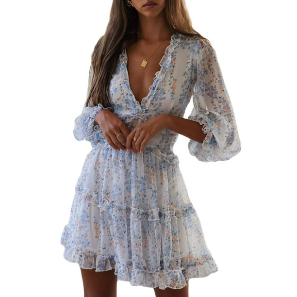 Minivestidos cortos sexis con escote en V, manga larga y espalda abierta y estampados para mujer