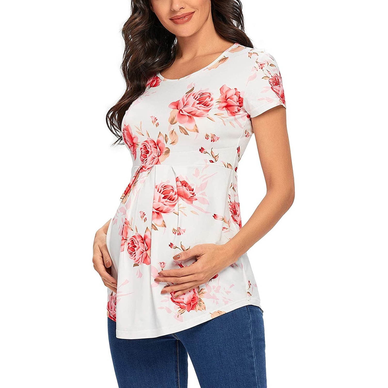 Women's Maternity Tops Tunic T-Shirt Pregnancy Clothes Ladies Fashion Flower Print Short Sleeve Pregnant Woman Casual Clothe Top