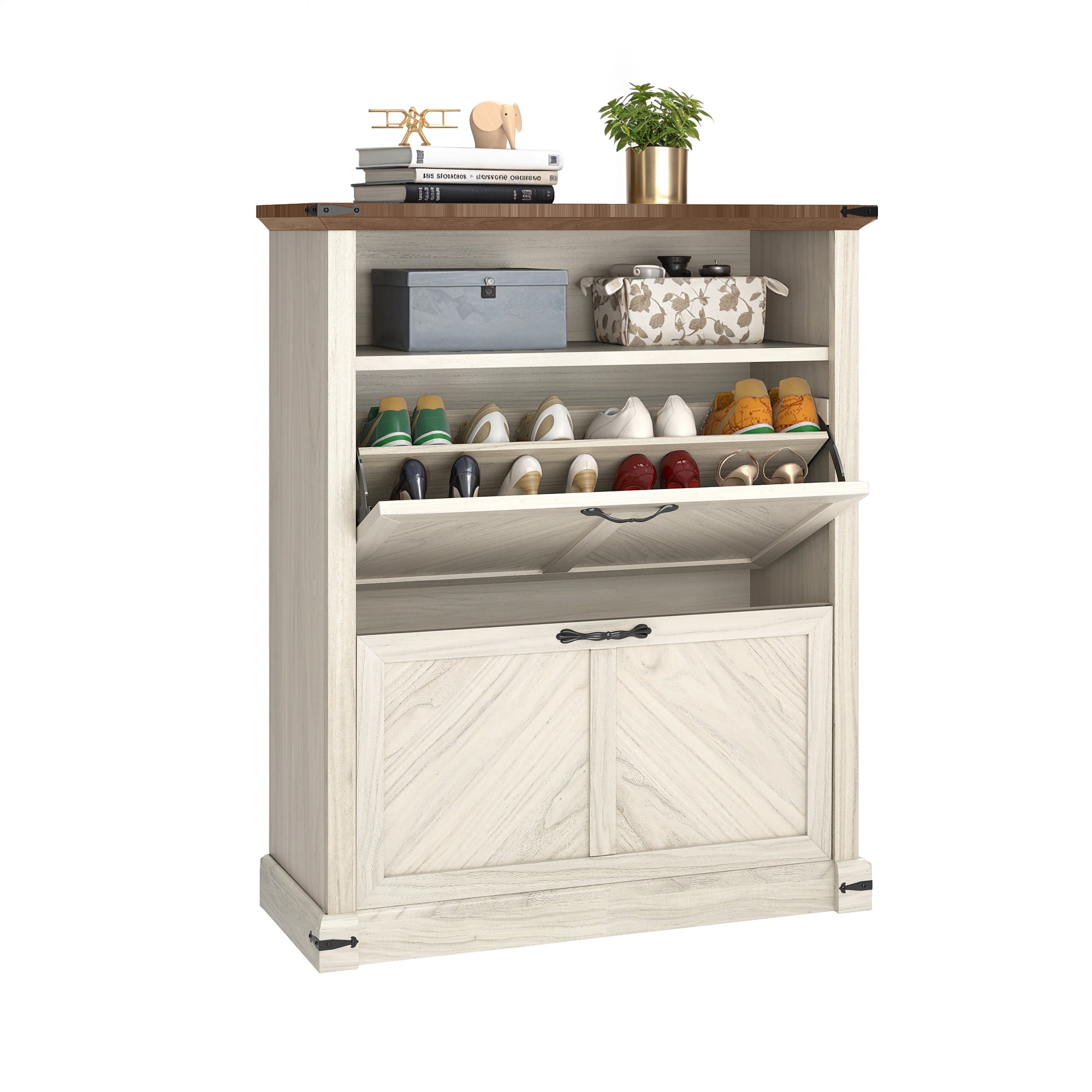 Uforic Shoe Cabinet with 2 Flip Drawers, Free Standing Shoe Racks Storage Cabinet ,Shoe Organizer Narrow Closet, Oak