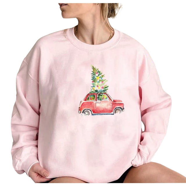 RKSTN Chandails en Molleton de Noël pour Femmes Mode Automne Décontracté Imprimé de Noël Rose Col Rond Manches Longues Léger Pull