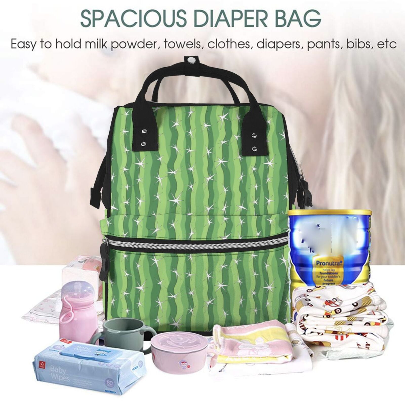 Ratiio Cactus Mummy Backpack - Waterproof Twill Canvas, Large Capacity Diaper Bag with Multiple Pockets and Adjustable Straps