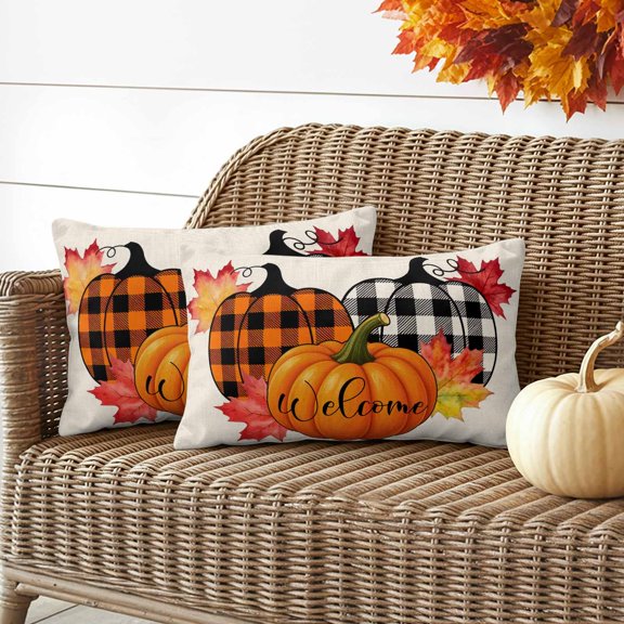 Waterproof Throw Pillow Covers 20x12 Set of 2, Thanksgiving Pumpkin Maple Leaf Outdoor Pillowcases, Fall Orange Black Check Plant Decorative Cushion Covers for Patio Garden Sofa Couch