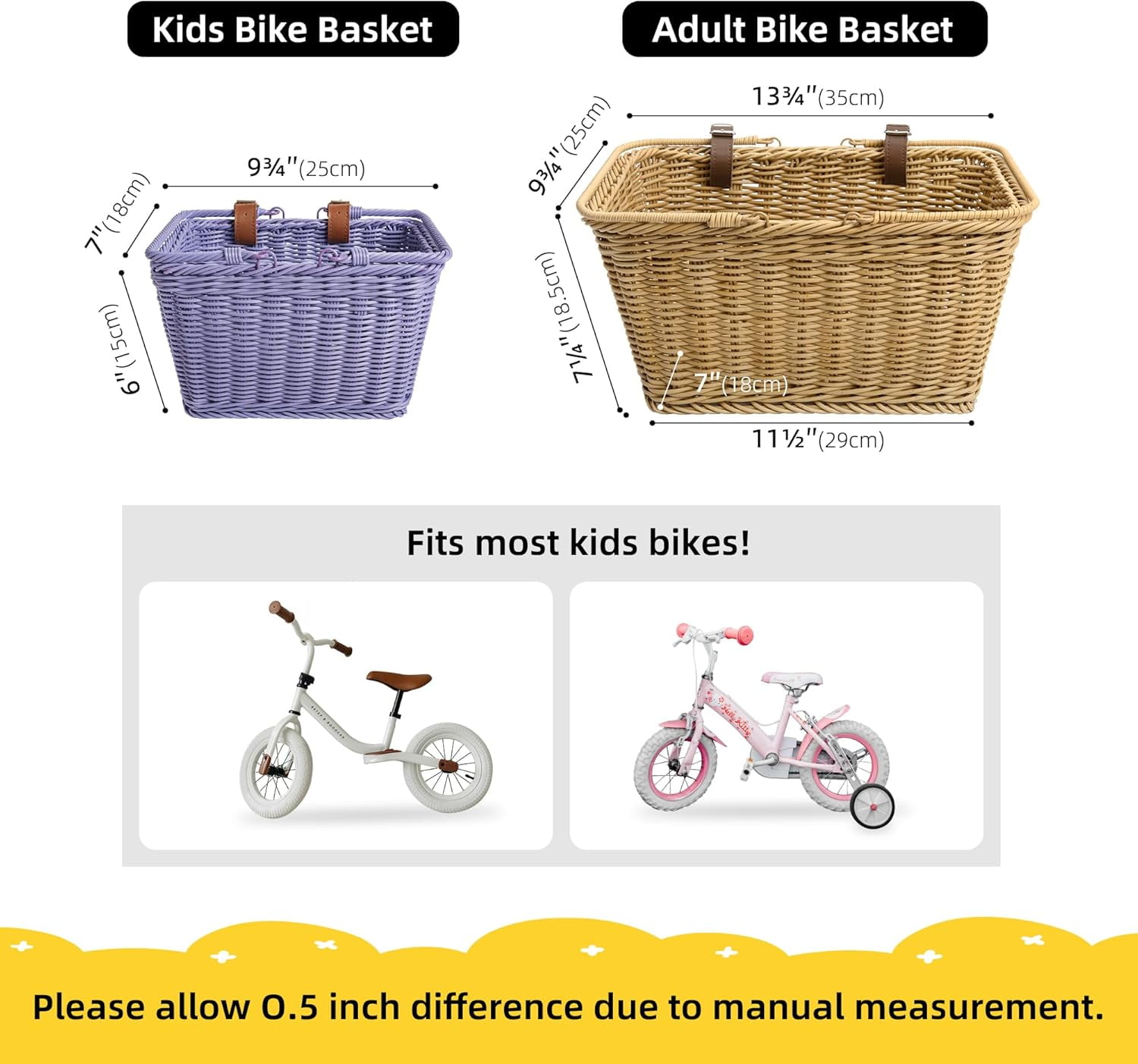 Kids Bike Basket, Front Bicycle Bike Baskets for Kids, Small Wicker Bike Basket for Boys and Girls, Small Wicker Basket for Bike, 9¾" x 7" x 6", 1-Pack