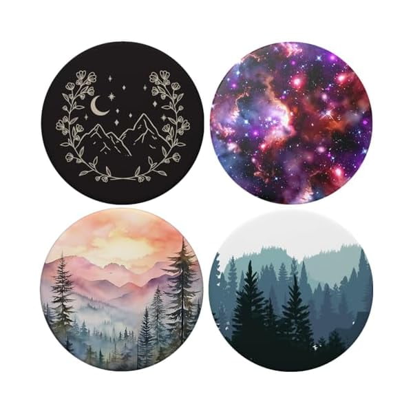 wonima11 Universal Collapsible Phone Grip & Stand Holder - 360° Rotating Foldable Sticker Mount for iPhone Android Smartphones Tablets 4 Pack - Moutain Moon Stars Purple Blue Galaxy Nebule