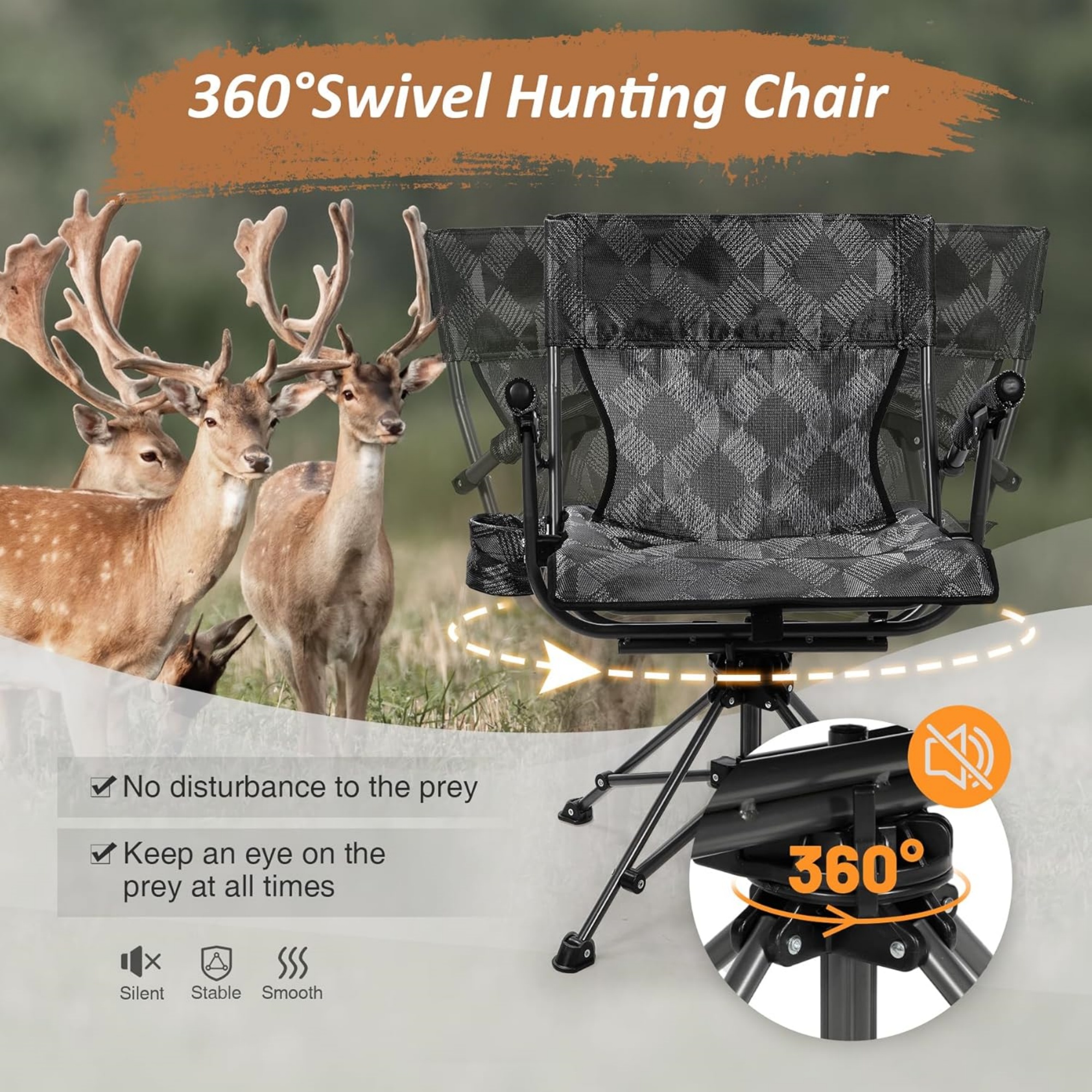 RedSwing 360° Swivel Hunting Chairs for Ground Blinds, Portable Folding Camping Chairs for Adults Hunting Seats with Hard Arms for Outdoor Fishing Camping