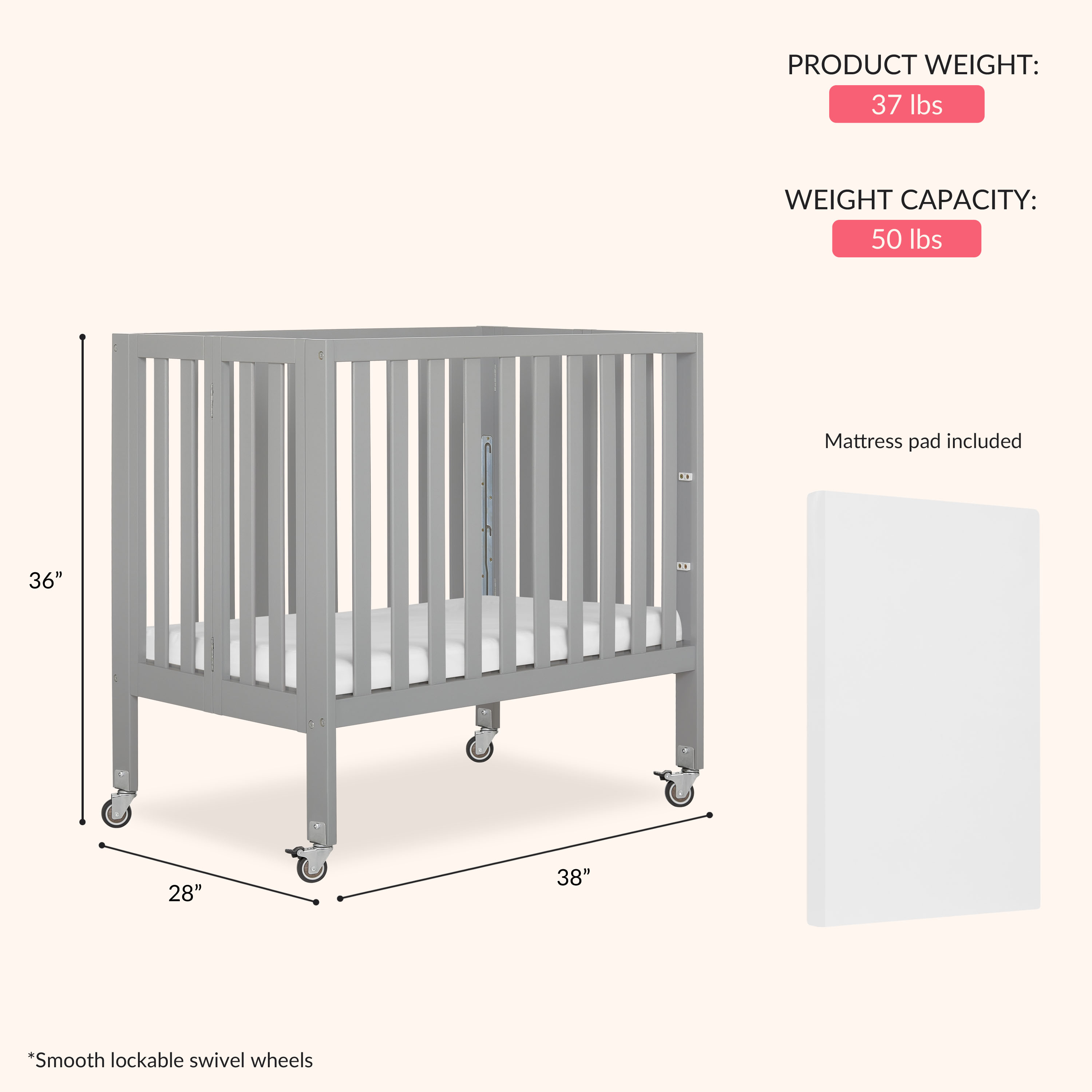 Dream On Me Jett Non-Full Size Folding Crib I Removable Wheels I Modern Nursey I Adjustable Mattress Support I Patent Folding System I Included 2.5” Mattress In Pebble Gray