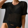 thumbnail image 2 of BYHONG Womens Summer V Neck Short Sleeve Button Down Sweater Casual Crochet Hollow Out Knit Tops Beach Coverup Blouses for women Black S, 2 of 4