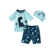 Bagilaanoe Toddler Baby Boys Swimsuits 3 Piece Bathing Suit Print Short Sleeve Rash Guard Shirts + Swim Trunks + Swimming Cap 6M 9M 12M 18M 24M 3T Kids Swimwear Beachwear