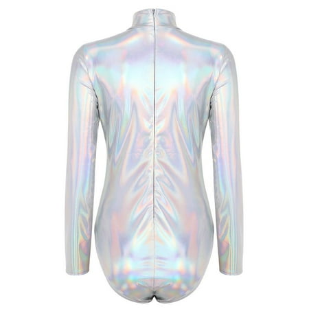 Aayomet OnePiece Jumpsuits For Women Women Yoga Jumpsuits Shiny Metallic Leather Neck Long Sleeve Leotard Bodysuit Silver M