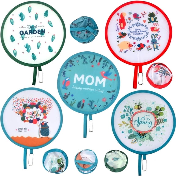 5pcs Round Foldable Hand Fans Colorful Portable Abstract Style Handheld Collapsible Cool Discs Fans for Summer Outdoor Activity Christmas Festival Party Decoration