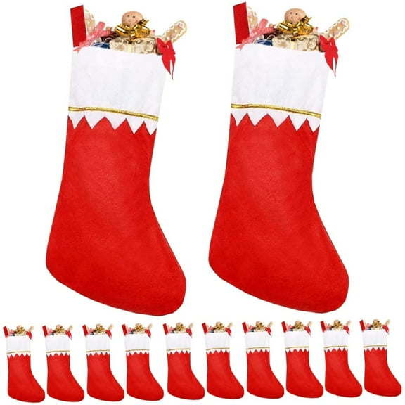 Topboutique Christmas Stockings,12 Pcs Red Felt Xmas Stockings Bulk,White Cuff with Gold Trim Christmas Socks,Hanging Traditional Xmas Decorative Stockings,Gift Bag for Christmas Tree Ornaments