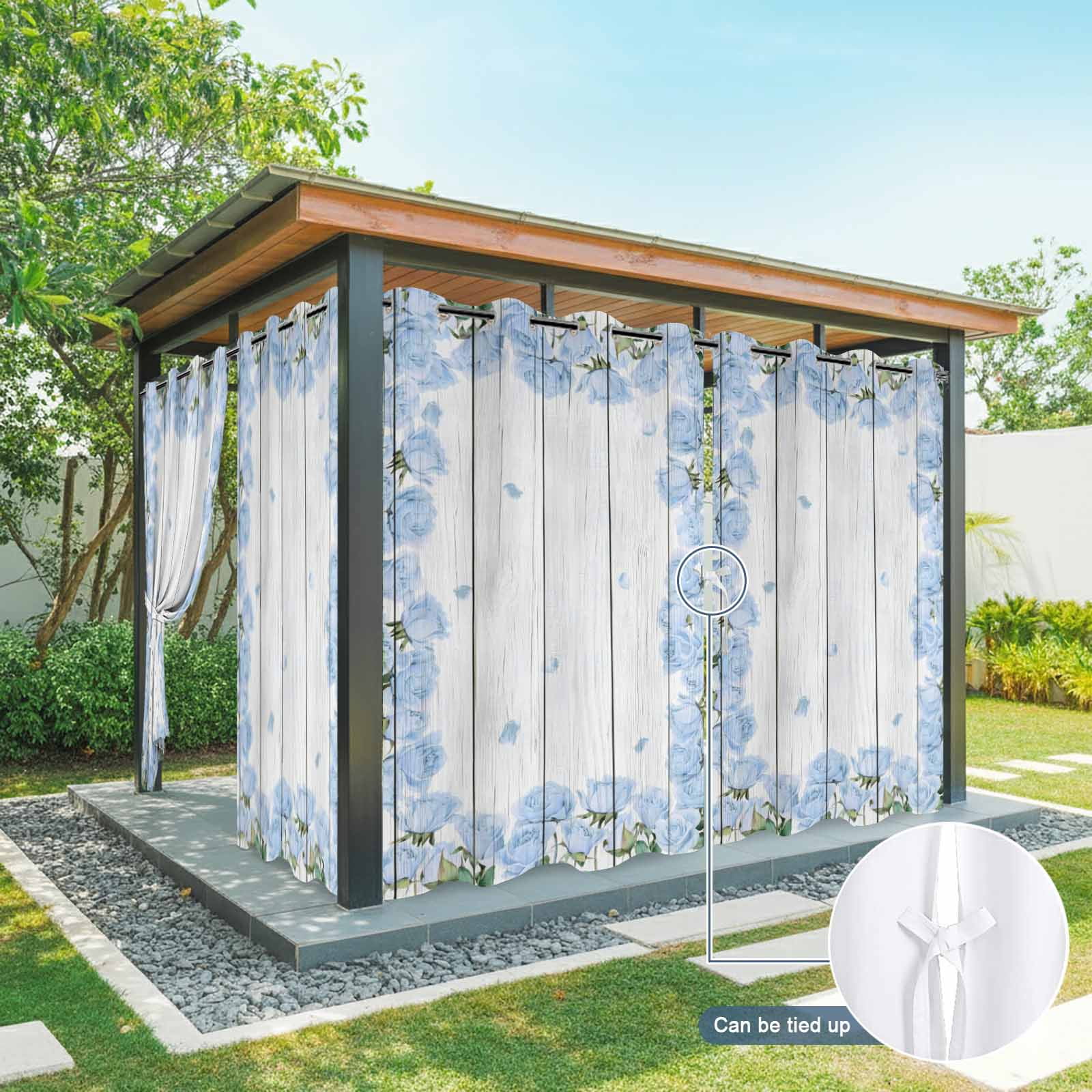 Farmhouse Flower Outdoor Curtains for Patio, Blue Rose Wreath Rustic Country White Wood Grain Sunshade Privacy Drapes Grommet Waterproof Outside Curtains for Porch/Cabana/Balcony 54"x 108", 1 Panel