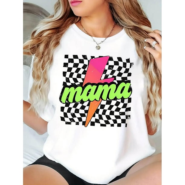 Camisetas para mujer, de verano, casual, manga corta, cuello redondo, con estampado, color blanco negro, blusaWomen's Trendy Gradient Lightning Graphic Tee - Casual Crew Neck Short Sleeve, Stretchy