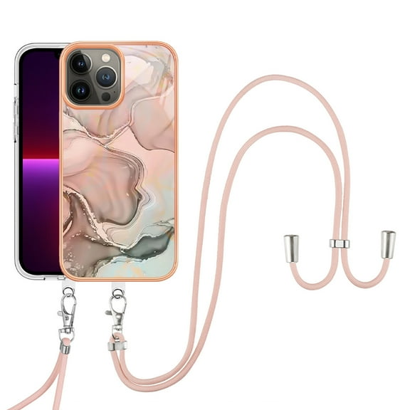 Crossbody Lanyard Phone case for iPhone 16 Plus, Cute Marble Patterned Silicone Cover with Adjustable Necklace Strap Soft Neck Cord Lanyard Case for Women Girls For iPhone 16 Plus,Rosegold