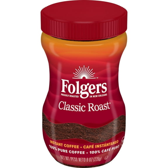 Folgers Instant Coffee Crystals, Classic Roast, 8 oz Jar, Medium, Each