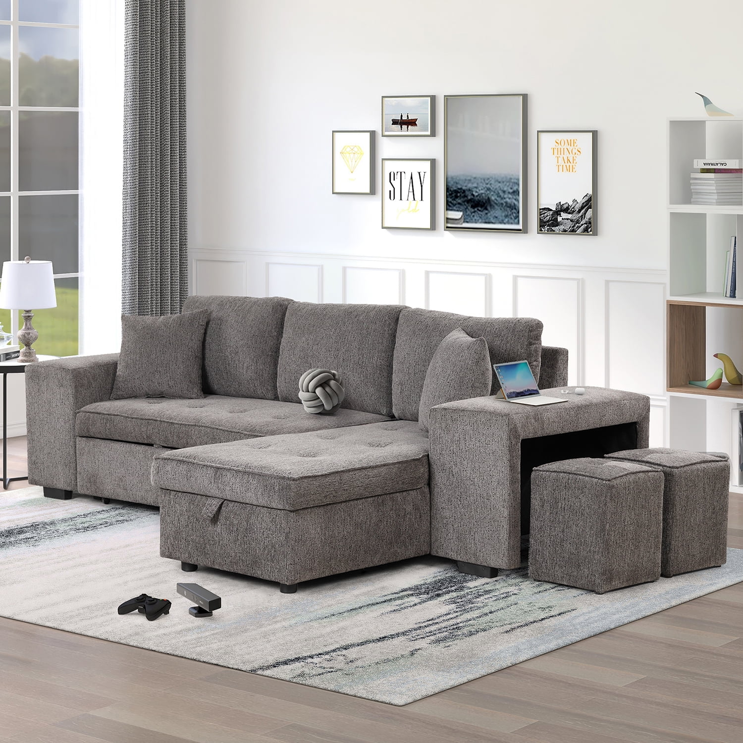 Kadyn 104" Modern L-Shape 3 Seat Reversible Sectional Couch, Pull Out Sleeper Sofa with 2 Stools, Sofa reclining chair with storage space for Living Room, Knox Charcoal Kadyn 104" Modern L-Shape 3 Seat Reversible Sectional Couch, Pull Out Sleeper Sofa with 2 Stools, Sofa reclining chair with storage space for Living Room, Knox Charcoal