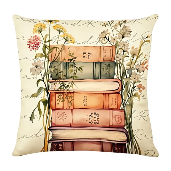Throw Pillow Cover,Reading Topic Floral Pattern Soft Washable with Hidden Zipper for Living Room Bedroom Term Begin Gift