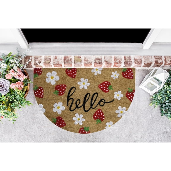 Kashi Home Coir Door Mat Printed Welcome Mat 18x28 D Shape Non-Slip Doormat, Durable, Entryway, Front Door, Porch, Patio, Home Sweet Strawberries Collection (STRAWBERRY DAISY HELLO)