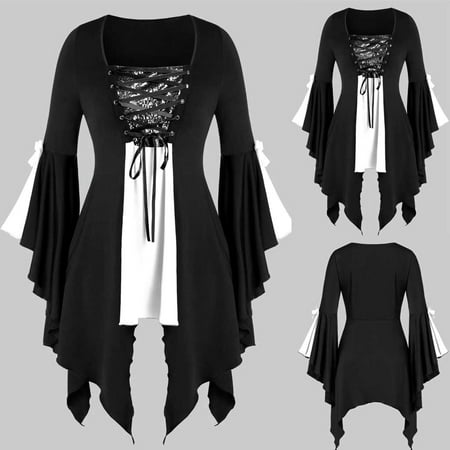 

VEKDONE 2023 Clearance Gothic Butterfly Sleeve Tops for Women Halloween Blouse Flowy Lace Up Medieval Renaissance Corset Shirts