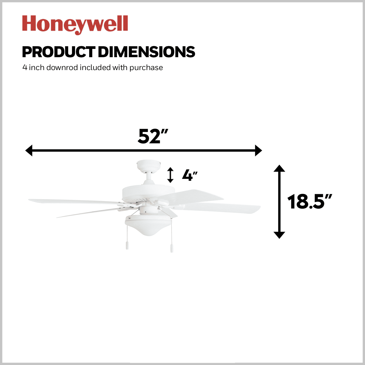 Honeywell Belmar 52" White Indoor/Outdoor Ceiling Fan with 5 Blades, Light Kit, Pull Chains & Reverse Airflow