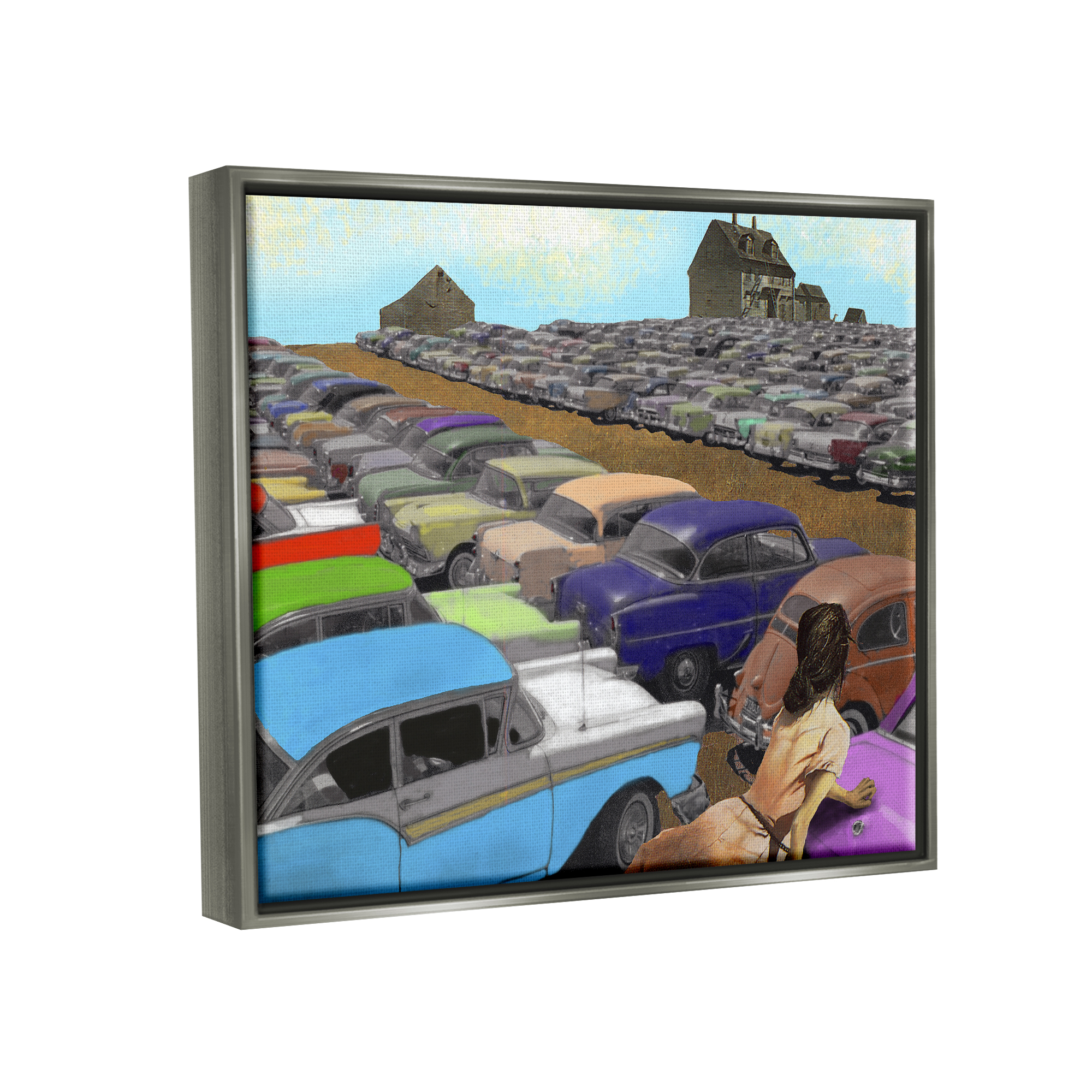 Stupell Industries Vintage Parking Lot Transportation Painting Gray Floater Framed Canvas Art Print Wall Art, 21 x 17