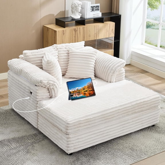 Beige 59 Inch Oversized Corduroy Chaise Lounge with USB Type-C Ports, Deep Seat Sleeper Sofa Chair with Throw Pillows for Living Room Bedroom