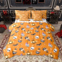 jejeloiu Happy Halloween 7 Pieces Bedding Comforter Set,Gothic Skull Full Bedding Set,Orange Gray White Fitted Sheet Flat Sheet For Teens,Ultra Soft Home Decor Reversible