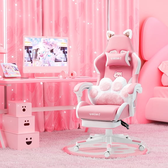 Pink Cat Ear Gaming Chair, 90-150° Recline PU Leather Office Chair with Footrest, Cat Paw Lumbar Support, 310lbs for Girls & Teens