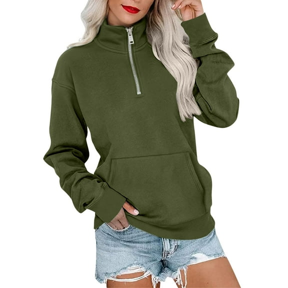 Women's Quarter Zip Solid Color Pocket Sweatshirt,Pullover Long Sleeve Top, Plus Size Casual Comfort Fit for 2025 Fall Winter Trendy Fashion, Perfect for Street and Daily Outdoor Activities