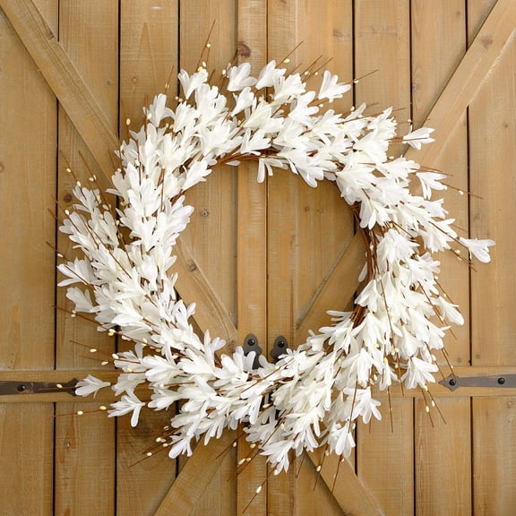 Idyllic Decorative Artificial Forsythia Flower Silk Leaves Nature & Floral Spring Summer Fall Wreaths, White, 1