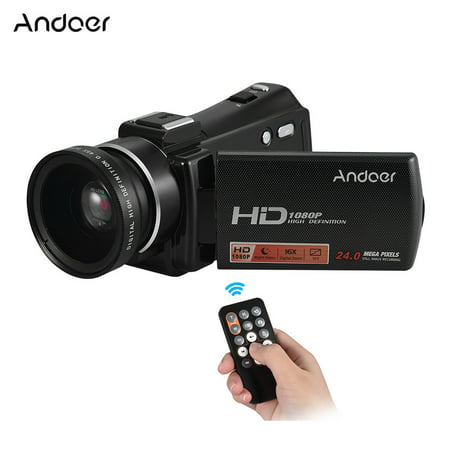 Andoer HDV-V7 PLUS 1080P Full HD 24MP Portable Digital Video Camera Camcorder Remote Control Infrared Night Vision Recorder + 0.45X Wide Angle Lens 16X Zoom 3.0" Rotary LCD with Hot Shoe Mount